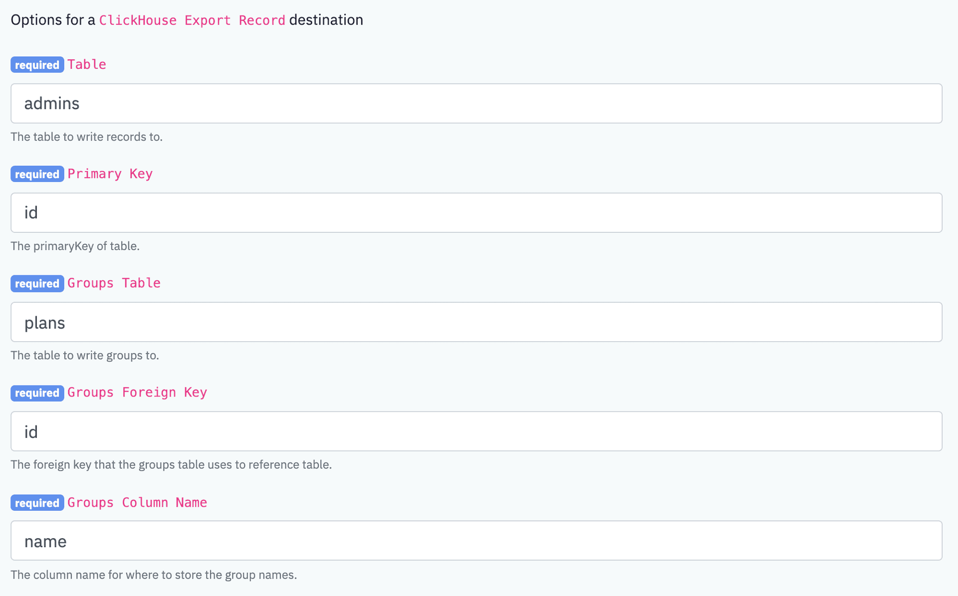 Clickhouse Export Record Options