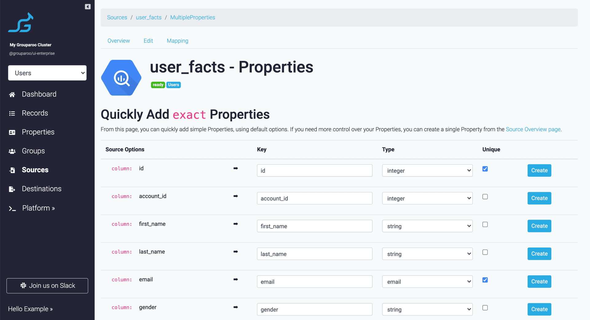 Grouparoo Table Source settings