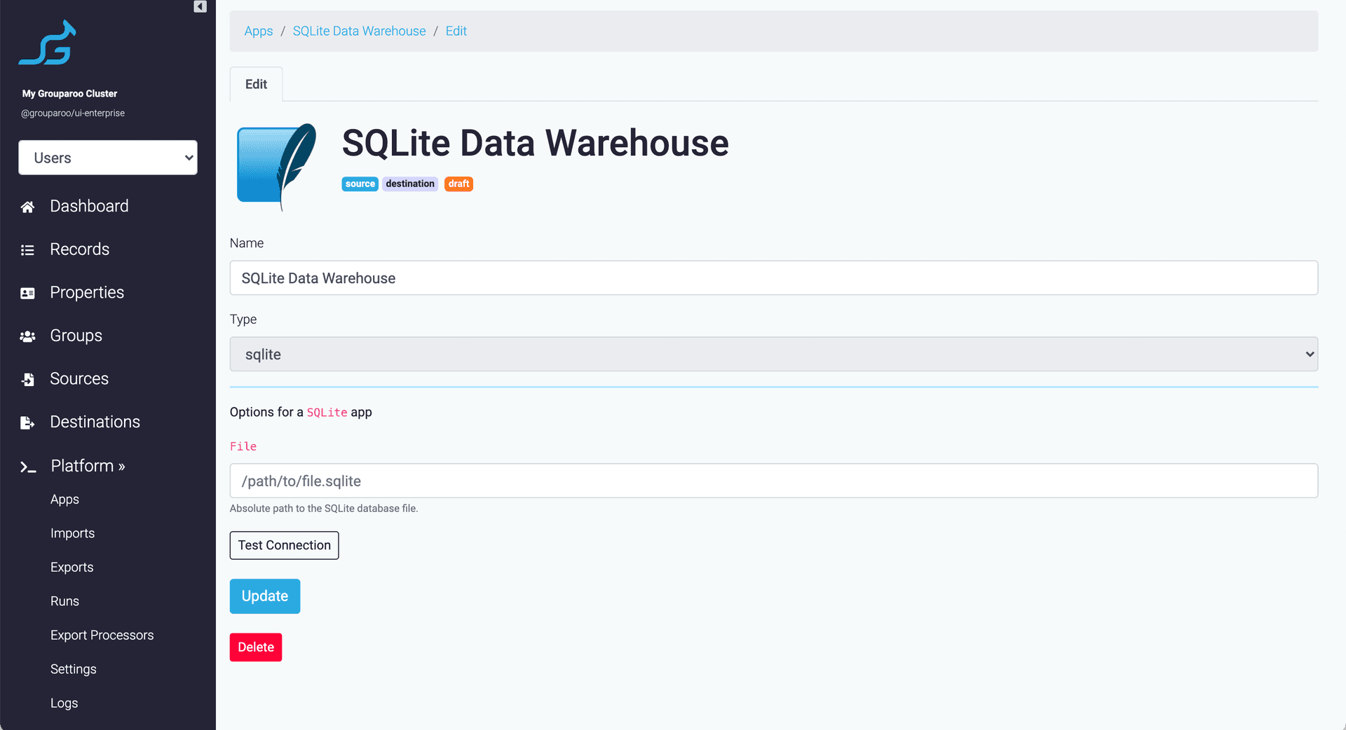 Grouparoo SQLite settings